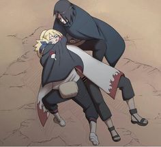 two anime characters hugging each other in the desert