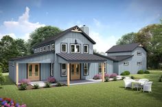 this is an artist's rendering of a modern farmhouse style house with two porches