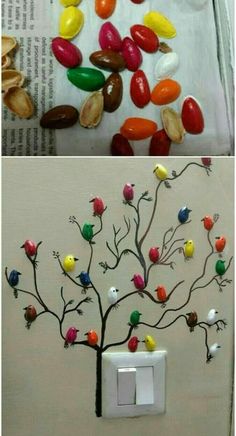 two pictures one with a light switch and the other has a tree made out of candy