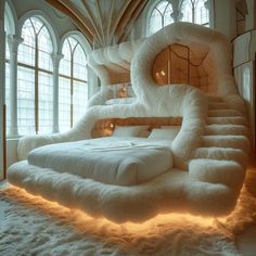 a bed made out of white fur with stairs leading up to the top and bottom