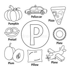 the letter p is for police car coloring page with pictures and words to color royalty illustration