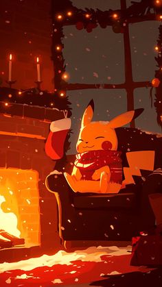 a cartoon character sitting on a chair in front of a fire place with christmas decorations