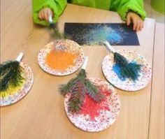 the child is painting on paper plates with colored paint