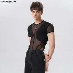 SPECIFICATIONSBrand Name: INCERUNOrigin: Mainland ChinaSleeve Length(cm): shortSexually Suggestive: NoObscene Picture: NoCollar: round neckMaterial: POLYESTERMaterial: SPANDEXPattern Type: PatchworkThickness: thinColor: BlackSize: S,M,L,XL,2XL,3XL,4XL,5XL,Plus SizeType: Men Mesh Patchwork BodysuitsWholesale,Dropshipping: WelcomeFabric Material: 95%Polyester+5%Spandex Men Bodysuit, Streetwear T Shirts, Backless Bodysuit, Short Sleeve Romper, Streetwear Tshirt, Sleeved Romper, Layered Look, Black Mesh, Fabric Material