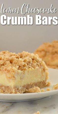 A slice of Lemon Cheesecake Crumb Bar on a white plate with Lemon Cheesecake Crumb Bars in the background. Creamy Lemon Cheesecake Crumb Bars, Dessert Recipes With Lemon, Lemon Cheesecake Squares, Easy Squares Recipe, Lemon Bars With Cream Cheese, Easy Lemon Recipes, Lemon Desserts Recipes, Dessert Recipes Lemon, Easy Lemon Desserts