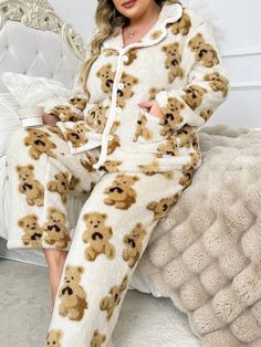 Warm Winter Cute Bear Print Open Front Collar Double Pocket Pajama Set Apricot Cute    Animal,Cartoon Pant Sets Slight Stretch All,Fall/Winter Women Plus Sleep and Lounge, size features are:Bust: ,Length: ,Sleeve Length: Cute Animal Cartoon, Plus Size Pajamas, Warm Pants, Pockets Fashion, Cropped Leather Jacket, Animal Cartoon, Pant Sets, Cute Bear, Bear Print