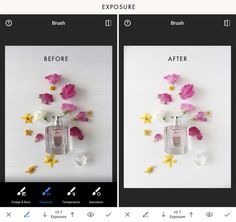 two photos side by side, one with flowers in it and the other with an empty bottle