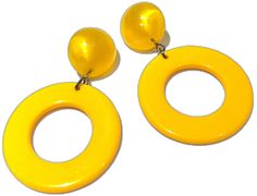 Yellow Round Hoop Earrings For Party, Yellow Retro Party Earrings, Retro Yellow Party Earrings, Retro Yellow Earrings For Party, Retro Clip-on Hoop Earrings, Surgical Steel Earrings, Vintage Lucite, Post Earrings, Candy