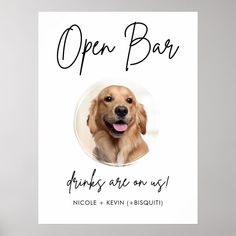 an open bar sign with a dog's face on it