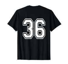 a black t - shirt with the number thirty six printed in white on the front