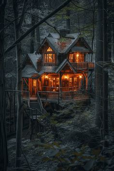 a house in the woods lit up at night