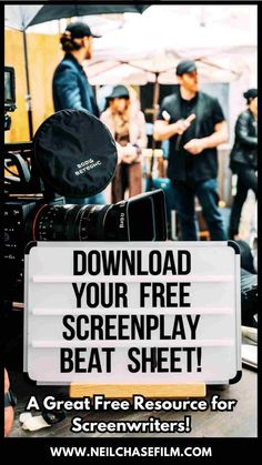 a sign that says, free screen play beat sheet with two men in the background