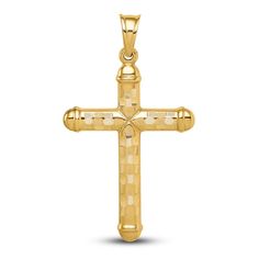 A bold statement of faith, a powerful textured cross charm is simple in its elegance, fashioned in lustrous 14K yellow gold. The necklace is sold separately. 14k Gold Diamond Cut Cross Necklace, Gold Diamond Cut Cross Necklace, Handmade Yellow Gold Cross Pendant, Yellow Gold Polished Cross Necklace Pendant, Yellow Gold Diamond Cut Crucifix Necklace, Diamond Cut Yellow Gold Cross Pendant, Yellow Gold Diamond Cut Cross Pendant, Yellow Gold Cross Pendant With Diamond Accents, Yellow Gold Brass Cross Pendant Necklace