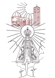 an image of the virgin mary in front of a cityscape with buildings and crosses