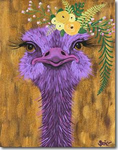 an ostrich with flowers on its head and leaves in it's beak