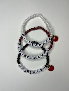 This bracelet is made with stretchy string, multi-color glass beads, and letters beads so you can create a customized gift for the best teacher in your life.   COLOR OPTIONS - please use the customization box to specify the desired color(s) SIZE - The bracelet is made in an average adult size and is stretchy so it should fit, if you are concerned about the size please reach out with exact size in inches.  CUSTOM NAME/WORD - if you choose a customizable word option, please be sure to include the name or word when ordering.  Feel free to reach out with any other questions or concerns! **Not recommended for children under 4 years old ** **Colors may vary for each bracelet** Teacher Bracelet, Custom Teacher Gifts, Life Color, Teacher Appreciation Week, Gift Teacher, Letter Beads, Best Teacher, Teacher Gift, Teacher Appreciation