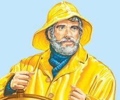 a painting of a man wearing a yellow raincoat