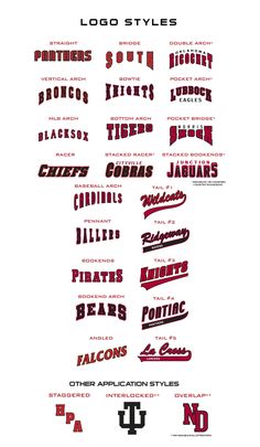 some type of font and numbers on a white sheet with red lettering that reads, logos styles