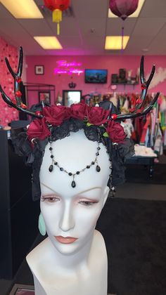 Black headband horns with lace and black and red roses, black beaded chains , skulls and gems Black Horns, Black And Red Roses, Roses Black, Black Headband, Mesa Az, Costume Hats, Black Beads, Beaded Chain, Costume Accessories