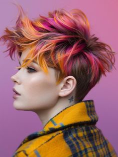 Short Hair Color Ideas: Vibrant & Unique Styles for Bold Looks Colored Hair For Short Hair, Short Hair Vivids, Short Bright Colored Hair, Hair Color Crazy Short Funky Hairstyles, Short Vivid Colored Hair, Sunset Pixie Hair, Bright Hair Colors Short, Creative Hair Color Short