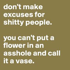 don't make excuses for shitty people. you can't put a flower in an asshole and call it a vase. - Post by anthonymangham on Boldomatic Pathetic People Quotes, Fake Friend Quotes, Fake People Quotes, Outing Quotes, Clever Quotes, Badass Quotes, People Quotes, Sarcastic Quotes