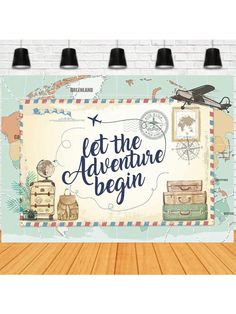 a sign that says let the adventure begin with suitcases and an airplane on it