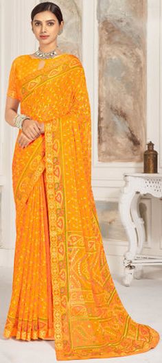 Yellow color Saree in Chiffon fabric with Bandhej, Printed work Reception Georgette Dupatta With Bandhani Print, Georgette Bandhani Print Dupatta For Reception, Reception Dupatta In Georgette With Bandhani Print, Yellow Color Saree, Reception Lehenga, Engagement Reception, Party Wear Saree, Casual Saree, Wear Saree