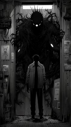 a man standing in front of a giant monster