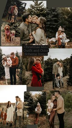 a collage of people standing in the woods with their dogs and holding each other