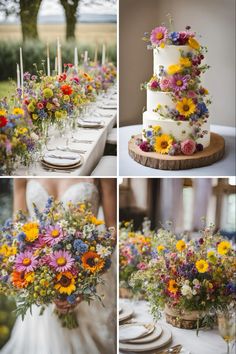 wedding cake with colorful flowers and candles on the table in front of it, surrounded by other pictures