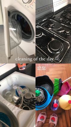 four different pictures with the words cleaning of the day