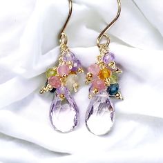 Lavender Dangle Earrings, Tourmaline Cluster Earrings, Pink Amethyst Earring, Multicolor Drop Earring, Rose Gold, Gold Fill, Sterling Silver, Mothers Day Gift for Her Faceted lavender quartz briolettes dangle under cascading clusters of multicolor faceted tourmaline and pink amethyst rondelles, headpins and chains to create these elegant earrings. The tourmaline rondelles are pink, olive green blue, gold, cream and various other shades of this beautiful gemstone.  Pink amethyst rondelles are in Amethyst Multi-stone Earrings As Gift, Amethyst Multi-stone Drop Earrings, Lavender Briolette Gemstone Earrings, Lavender Earrings With Gemstone Accents For Gift, Purple Multi-stone Teardrop Earrings, Lavender Briolette Earrings For Gift, Teardrop Multi-stone Amethyst Earrings, Lavender Drop Gemstone Earrings, Lavender Dangle Earrings For Anniversary