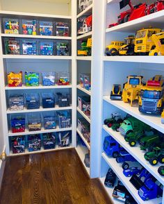 a room filled with lots of toy trucks and shelves full of different types of toys