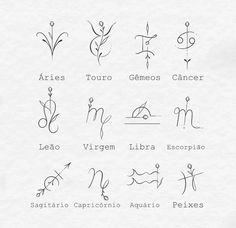 the zodiac signs and their meanings are drawn in black ink on white paper with some type of writing