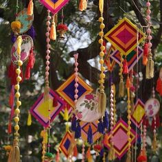 a bunch of colorful beads hanging from a tree in front of some leaves and trees