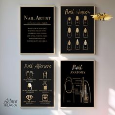 four black and gold nail art prints on the wall