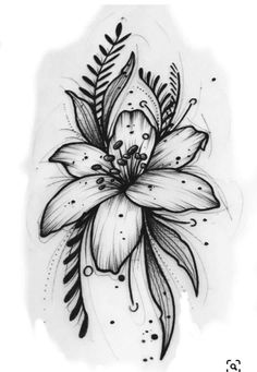 a black and white drawing of a flower with leaves on the bottom half of it