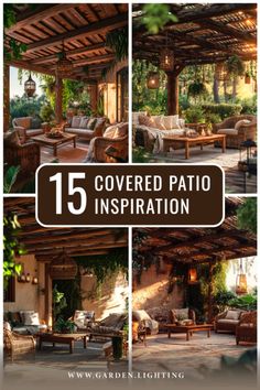 an outdoor covered patio with furniture and plants