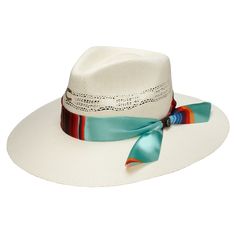 Style number: CSSMSR-343681. Natural tan western hat. Bangora straw material. Colorful serape ribbon hatband. 3 3/4 inch brim. 4 inch pinch front crown. Vented upper for increased ventilation. Cloth sweatband. Western Hat, Western Hats, Natural Tan, Hat Band, Natural Material, Straw Hat, Summer Women, 4 Inch, Straw