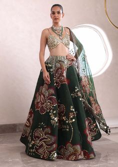 For the love of dark tones and bold and big emboridered work- choose the siya lehenga, perfect for a sangeet night or mehendi celebration. Mahima Mahajan, Lehenga Style Saree, Indian Bridesmaid Dresses, Floral Lehenga, Lehenga Style, Embroidered Lehenga, Gold Blouse, Indian Wedding Wear, Amritsar