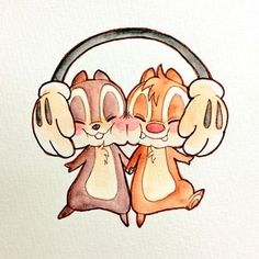 two cartoon mouses are hugging each other with headphones around their necks and ears