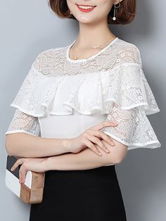 Product Descriptions Pattern Type: SolidSleeve Type: Frill SleeveNeckline: Crew NeckSilhouette: SheathElasticity: Non-stretchyThickness: Mid-weightColor: White,BlackSize: S,M,L,XL,XXL,3XLProcess: Binding,Guipure lace,Paneled,Ruffled,See-through LookMaterial: LaceStyle: CasualTheme: SummerFabric: 100% PolyesterLength (cm): S:57, M:59, L:61, XL:62, XXL:63, 3XL:64Shoulder (cm): S:44, M:45, L:46, XL:47, XXL:48, 3XL:49Bust (cm): S:78, M:82, L:86, XL:90, XXL:94, 3XL:98Sleeve Length (cm): S:22.5, M:23, L:23.5, XL:24, XXL:24.5, 3XL:25 Elegant Stretch Top With Half Sleeves, Fitted Half Sleeve Tops For Party, Elegant Fitted Top With Half Sleeves, Spring Half Sleeve Stretch Tops, Stretch Half Sleeve Tops For Spring, Spring Stretch Half Sleeve Tops, Elegant White Stretch Tops, Fitted White Half Sleeve Blouse, Long Hooded Sweatshirt