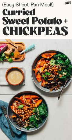 two plates filled with sweet potato and chickpeas on top of a white table