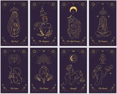 six christmas cards with the nativity and birth symbols in gold on dark purple background