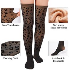 Fleece Lined Thigh High Socks-Leopard Print | MoonWood Nylon Thigh-high Socks, Black Stretch Nylon Knee-high Socks, Stretch Nylon Thigh High Socks, Stretch Thigh High Nylon Socks, Winter Nylon Tight Legwear, Tight Nylon Legwear For Winter, Winter Thigh High Nylon Hosiery, Thigh High Nylon Hosiery For Winter, Tight Nylon Winter Hosiery