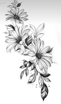 black and white drawing of flowers with leaves