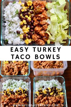 turkey taco salad with beans, rice and lettuce in plastic containers on a wooden table