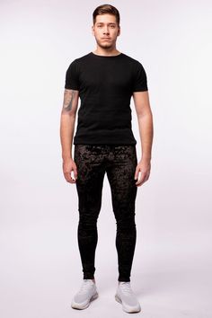 Velvet Elvis Meggings - Kapow Meggings Mens Festival Fashion, Velvet Elvis, Mens Fitness Fashion, Bolt Logo, Festival Outfits Men, Black Velvet Leggings, Leggings Outfit Casual, Crushed Velvet Fabric, Black Leggings Outfit