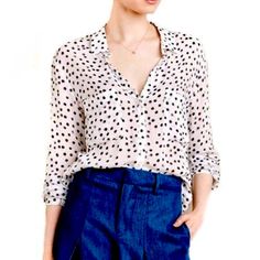 Chic, Lightweight Blouse From Anthropologie. Fun Pattern And Colors That Are Great For Work Or Play. New With Tags, Ready To Ship From Smoke Free Home. Polka Dot Long Sleeve Blouse For Work, Polka Dot Button-up Blouse For Work, Polka Dot Collared Blouse For Work, Elegant Button-up Polka Dot Tops, Elegant Polka Dot Button-up Tops, Polka Dot Button-up Work Tops, Collared Polka Dot Top For Work, Chic Polka Dot Blouse For Workwear, Trendy Long Sleeve Polka Dot Blouse