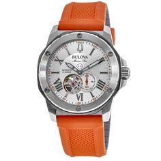 Brand New Authentic Bulova Marine Star Silver Dial Orange Rubber Strap Men's Watch Model 98A226. Stainless Steel case with Orange Rubber strap. Tang clasp. Fixed bezel. Dial description: Silver tone hands and Roman Numeral/Index hour markers with minute markers around the outer rim and a small seconds sub-dial and an Open Heart on a Silver dial. Automatic Self Winding movement. Chronograph sub-dials display: Small Seconds. Watch functions: Hour, Minute, Second. Screw Down crown. Mineral crystal. Round case shape. Case size: 45mm. Case thickness: 13.45mm. Transparent case back. 200 Meters - 660 Feet water resistant. 2 year WatchMaxx warranty. Between the stunningly designed dial with an open-hearted look into the inner workings of the automatic movement, and the bright orange rubber strap, Bulova Watches, Star Silver, Roman Numeral, Open Heart, Watch Model, Roman Numerals, Minerals Crystals, All About Eyes, Men's Watch